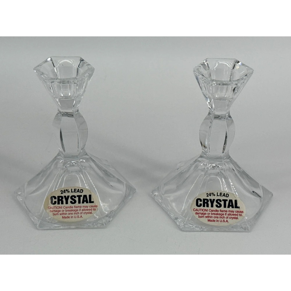 VTG 24% Lead Crystal Candle Holders Pair USA Hex Cut Clear Glass Taper Stick Set